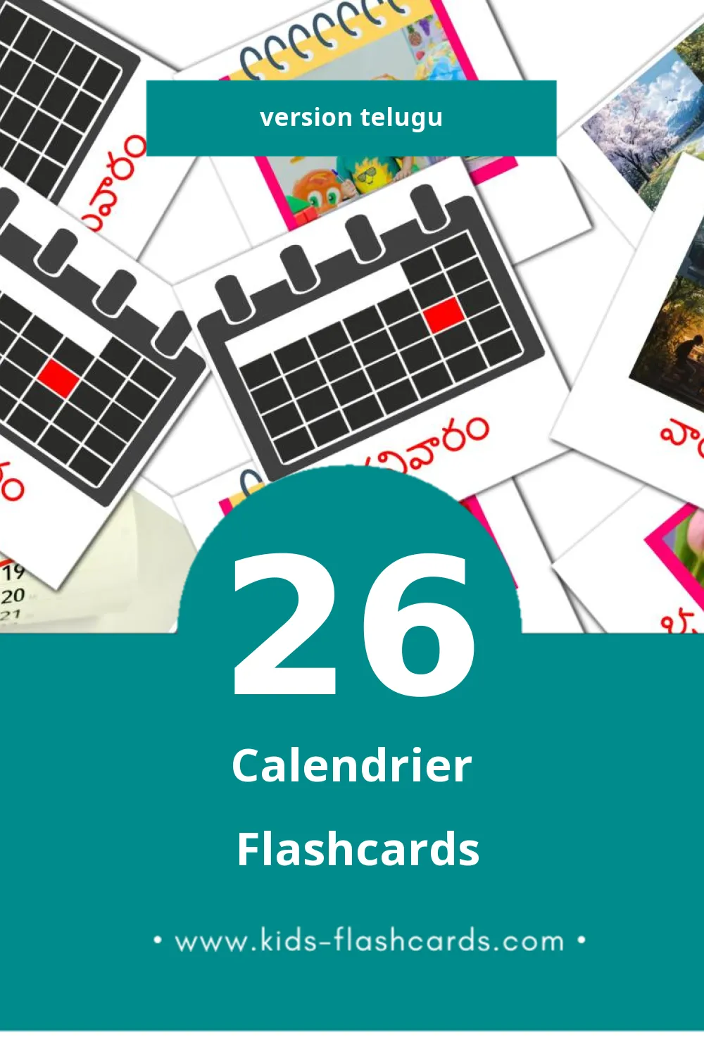 Flashcards Visual క్యాలెండర్ pour les tout-petits (26 cartes en Telugu)