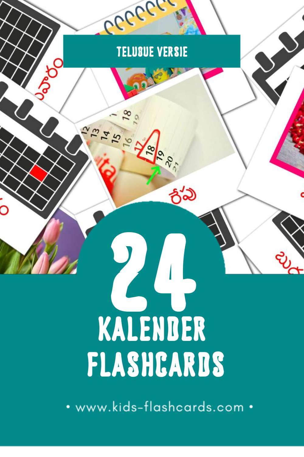 Visuele క్యాలెండర్ Flashcards voor Kleuters (24 kaarten in het Telugu)