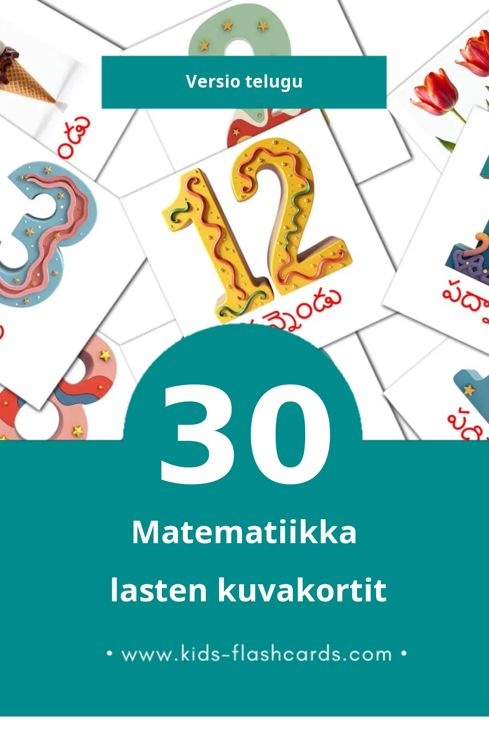 గణితం lasten kuvakortit pikkulapsille (30 korttia Teluguksi)