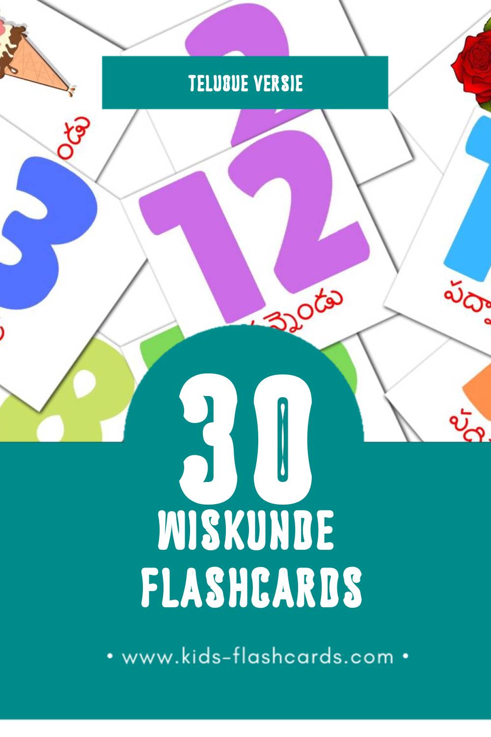 Visuele గణితం Flashcards voor Kleuters (30 kaarten in het Telugu)