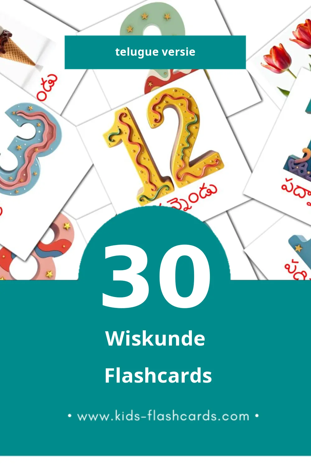 Visuele గణితం Flashcards voor Kleuters (30 kaarten in het Telugu)