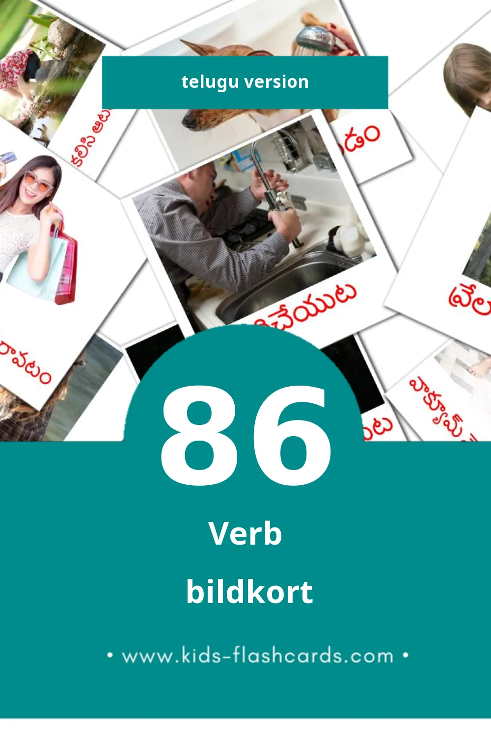 Visuella క్రియలు  för småbarn (86 bildkort för barn på Telugu)