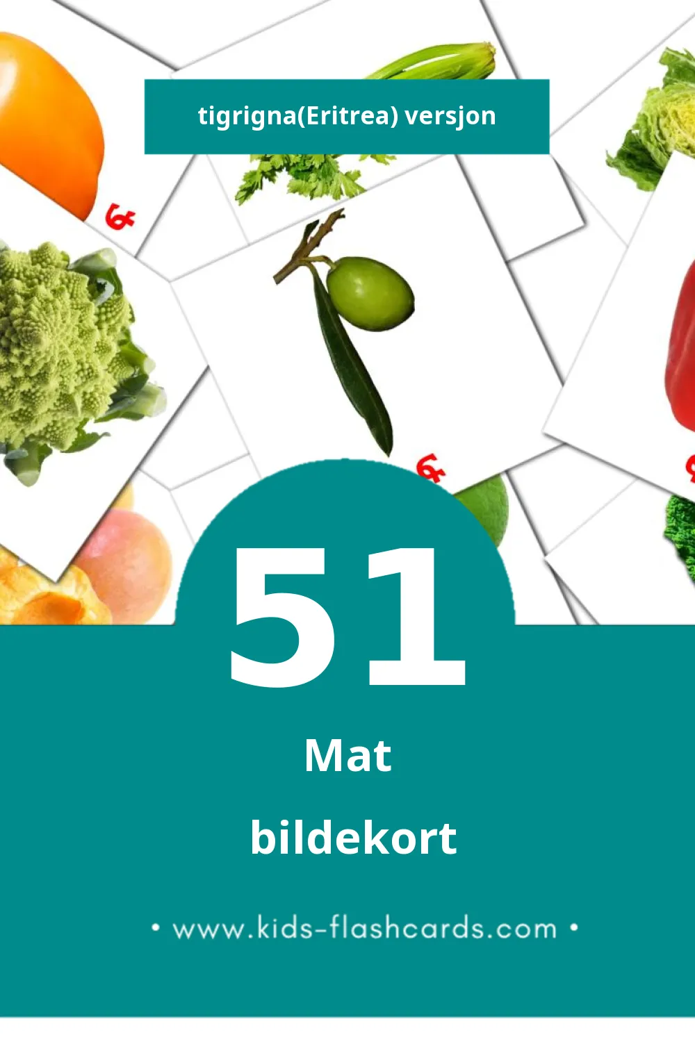 Visuelle ፍሩታታት bildekort for småbarn (51 kort på Tigrigna(Eritrea))