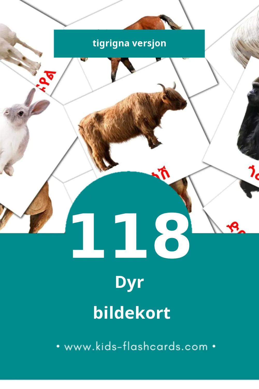 Visuelle እንስሳት bildekort for småbarn (118 kort på Tigrigna)