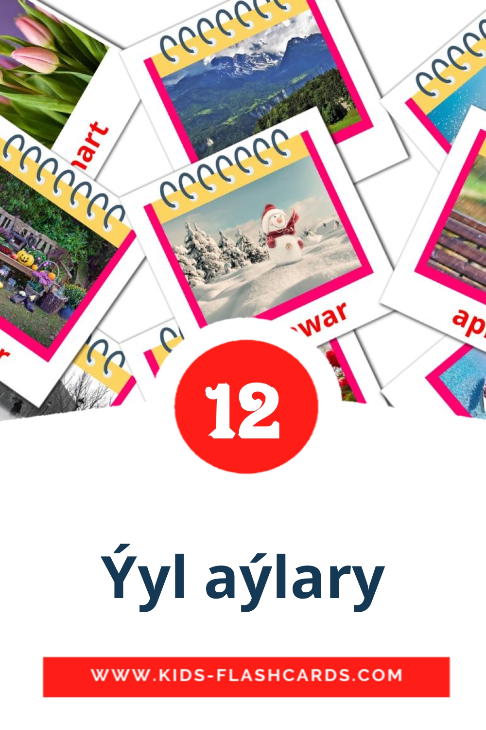 12 cartes illustrées de Ýyl aýlary pour la maternelle en turkmène