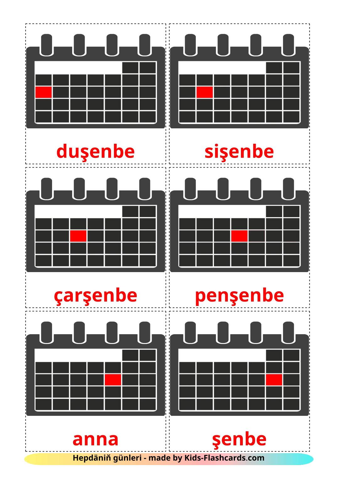 Les Jours de la Semaine - 13 Flashcards turkmène imprimables gratuitement