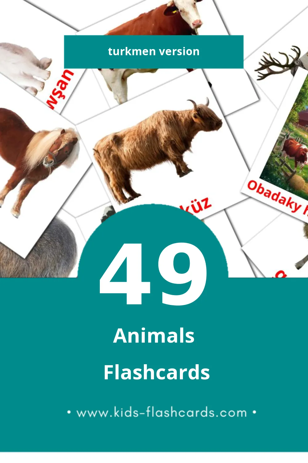 Visual Haýwanlar Flashcards for Toddlers (49 cards in Turkmen)