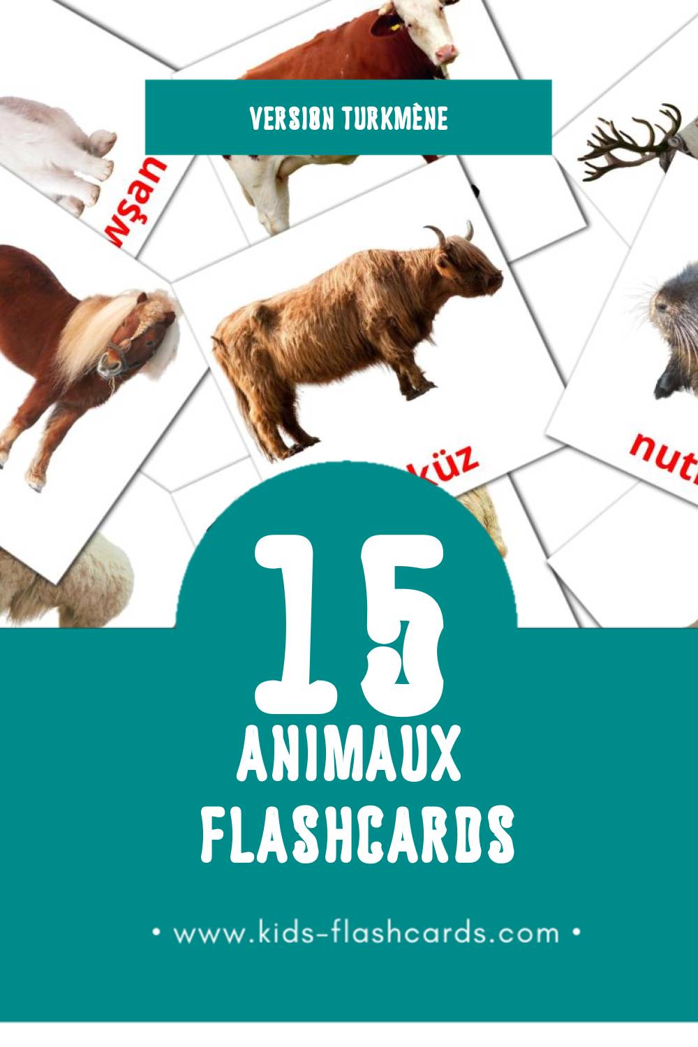 Flashcards Visual Haýwanlar pour les tout-petits (15 cartes en Turkmène)