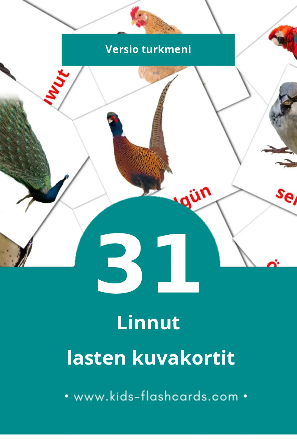 Guşlar lasten kuvakortit pikkulapsille (31 korttia Turkmeniksi)