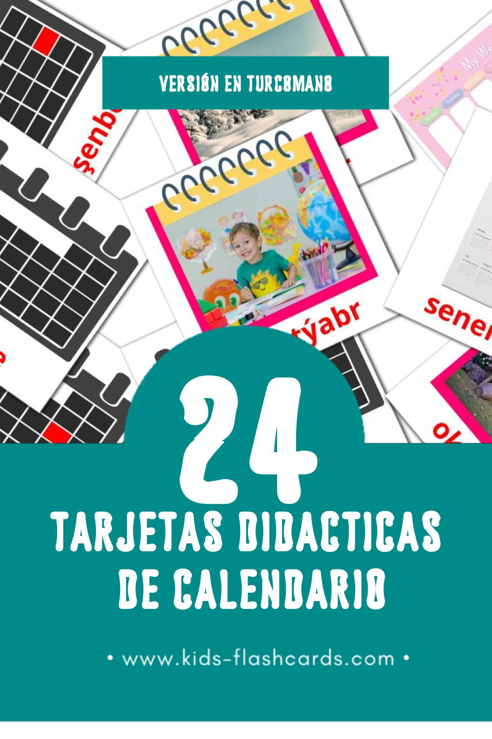 Tarjetas visuales de Kalendar para niños pequeños (24 tarjetas en Turcomano)
