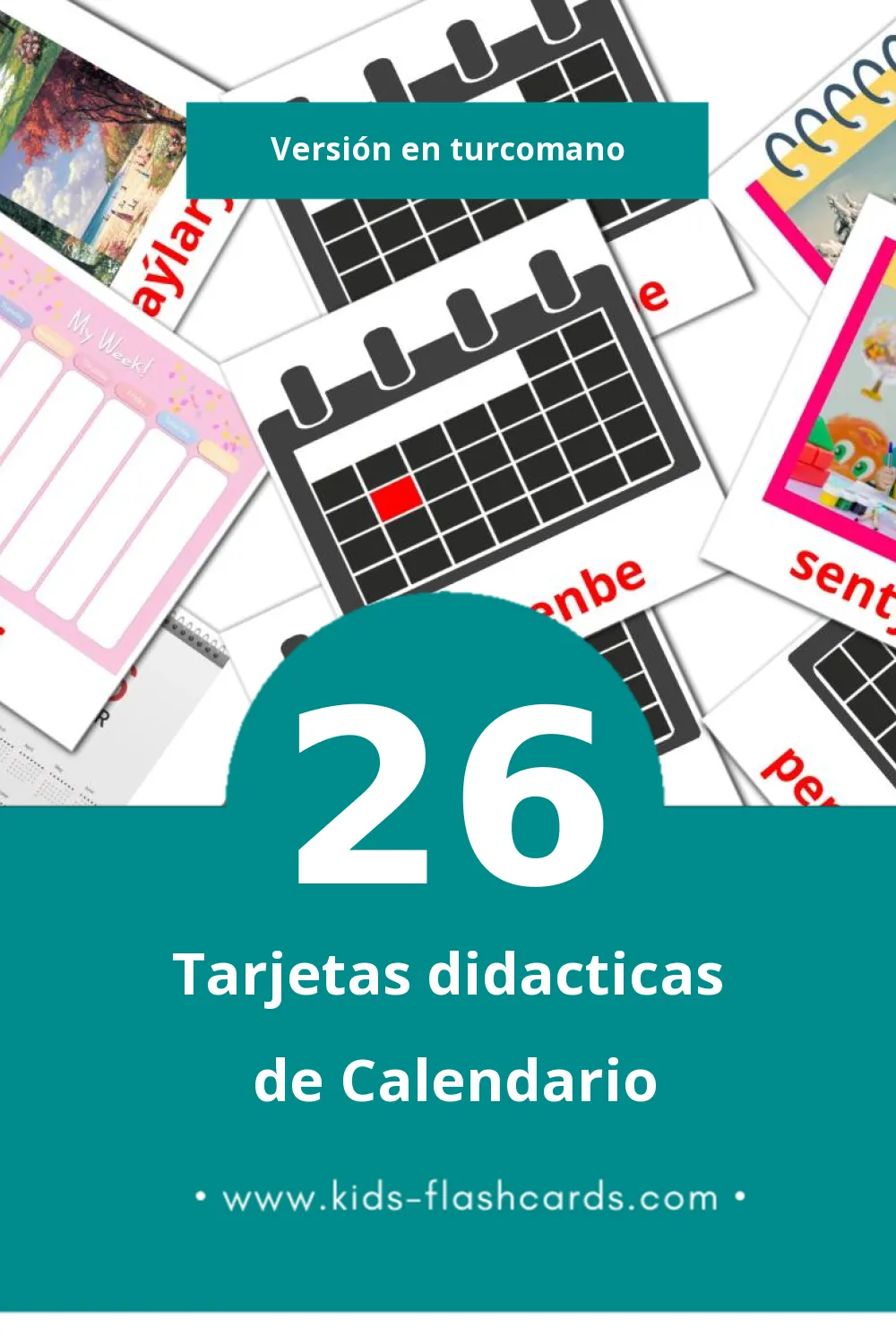 Tarjetas visuales de Kalendar para niños pequeños (26 tarjetas en Turcomano)