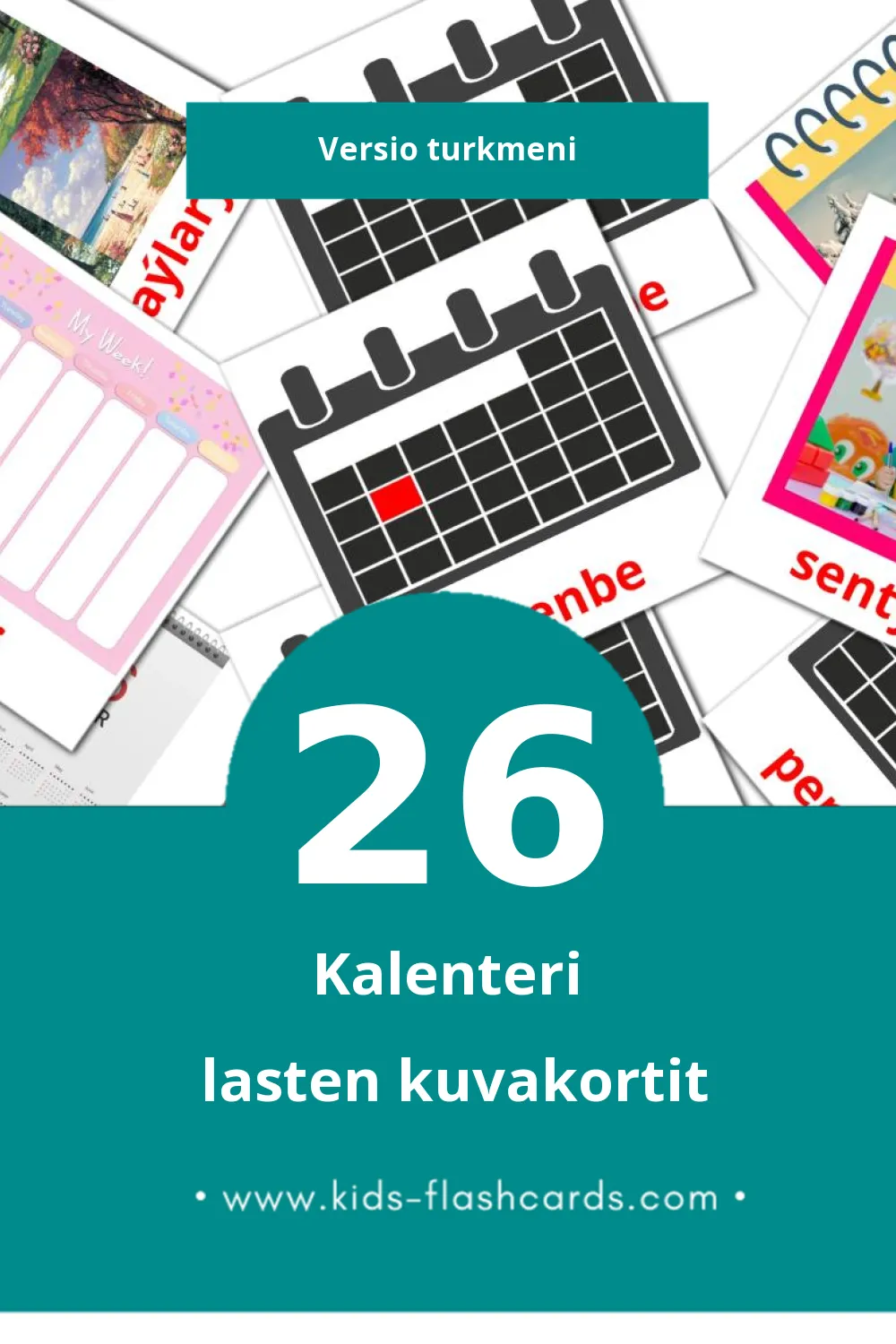 Kalendar lasten kuvakortit pikkulapsille (26 korttia Turkmeniksi)