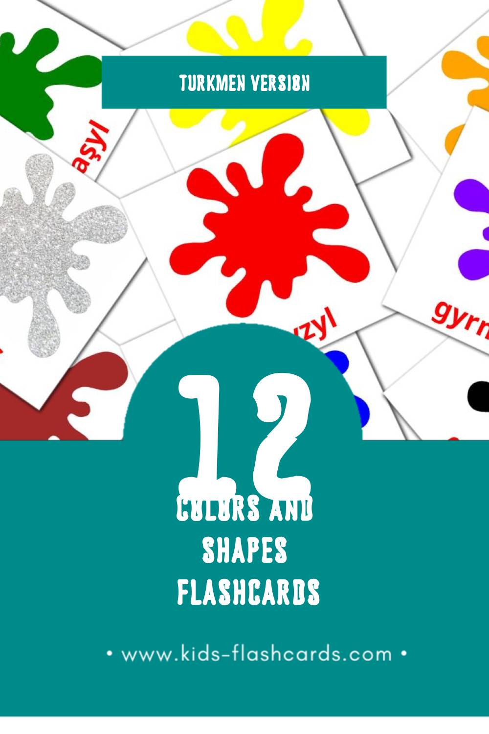 Visual Reňkler we şekiller Flashcards for Toddlers (12 cards in Turkmen)