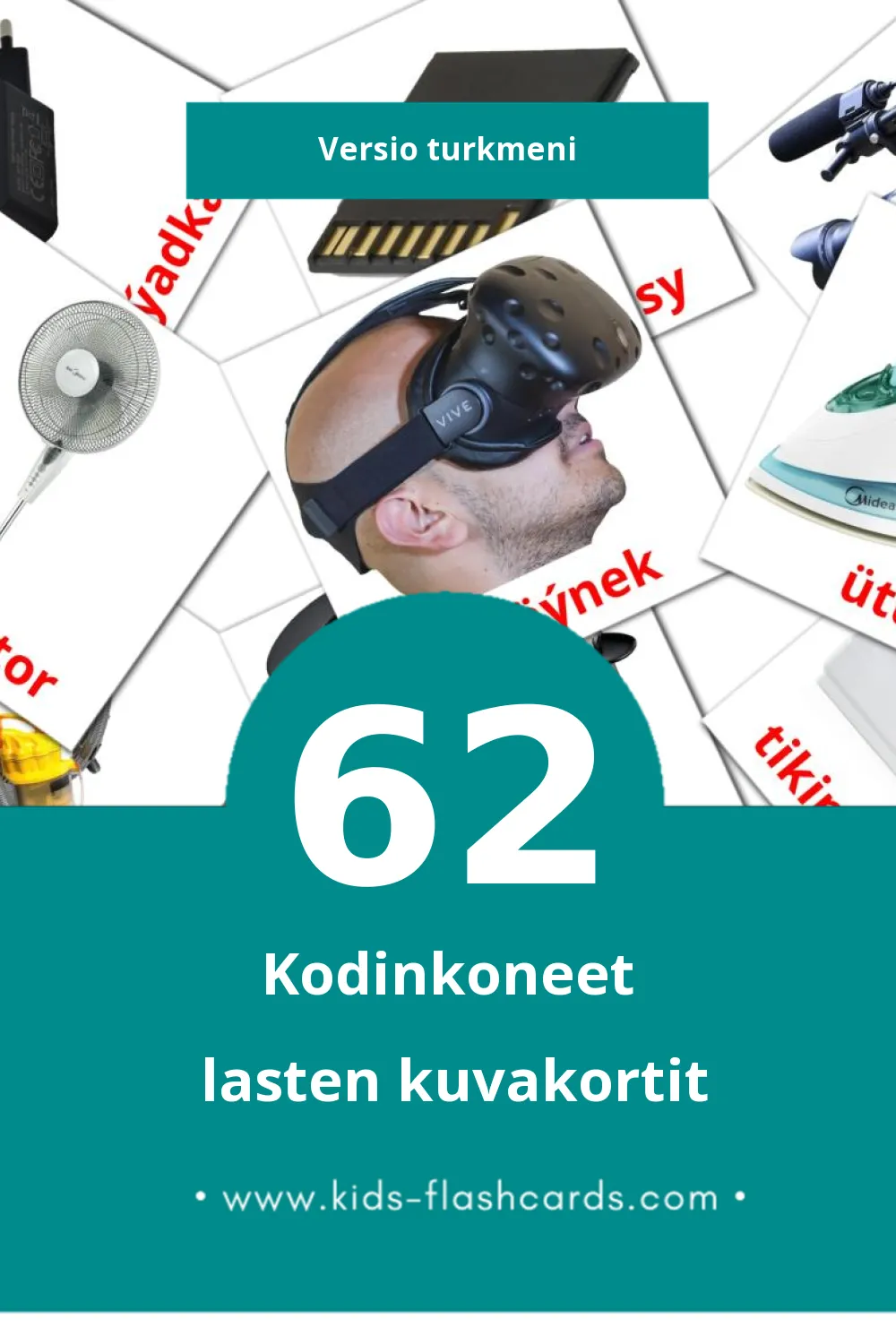 Elektronika lasten kuvakortit pikkulapsille (62 korttia Turkmeniksi)