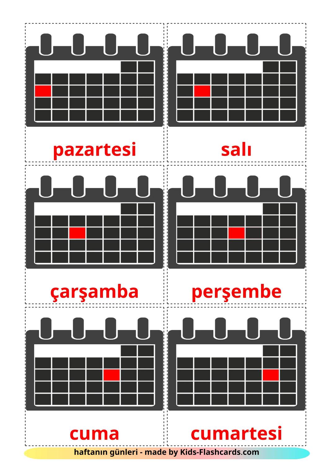 Días de la semana - 13 fichas de turco para imprimir gratis 