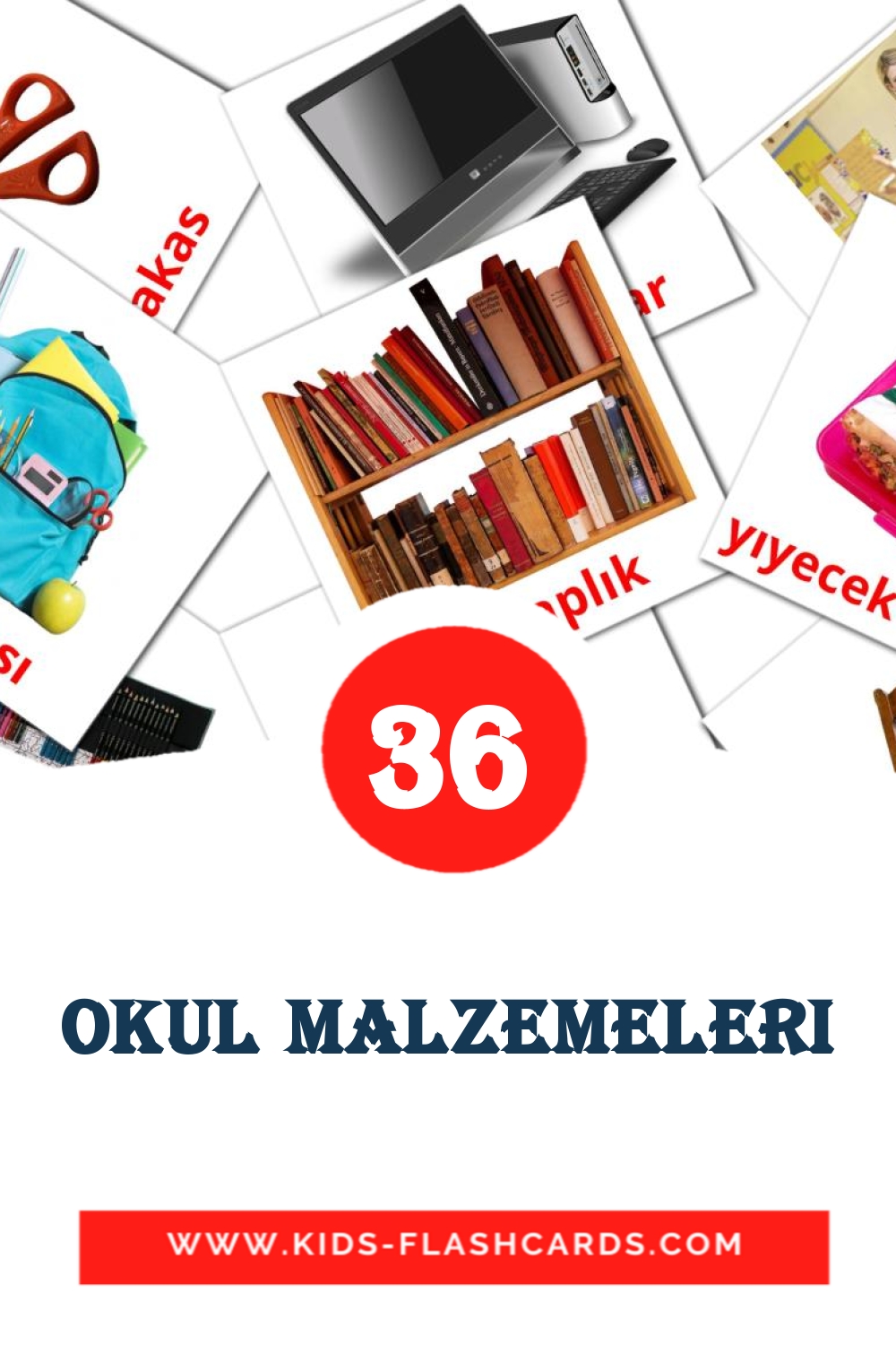 36 cartes illustrées de Okul malzemeleri pour la maternelle en turc