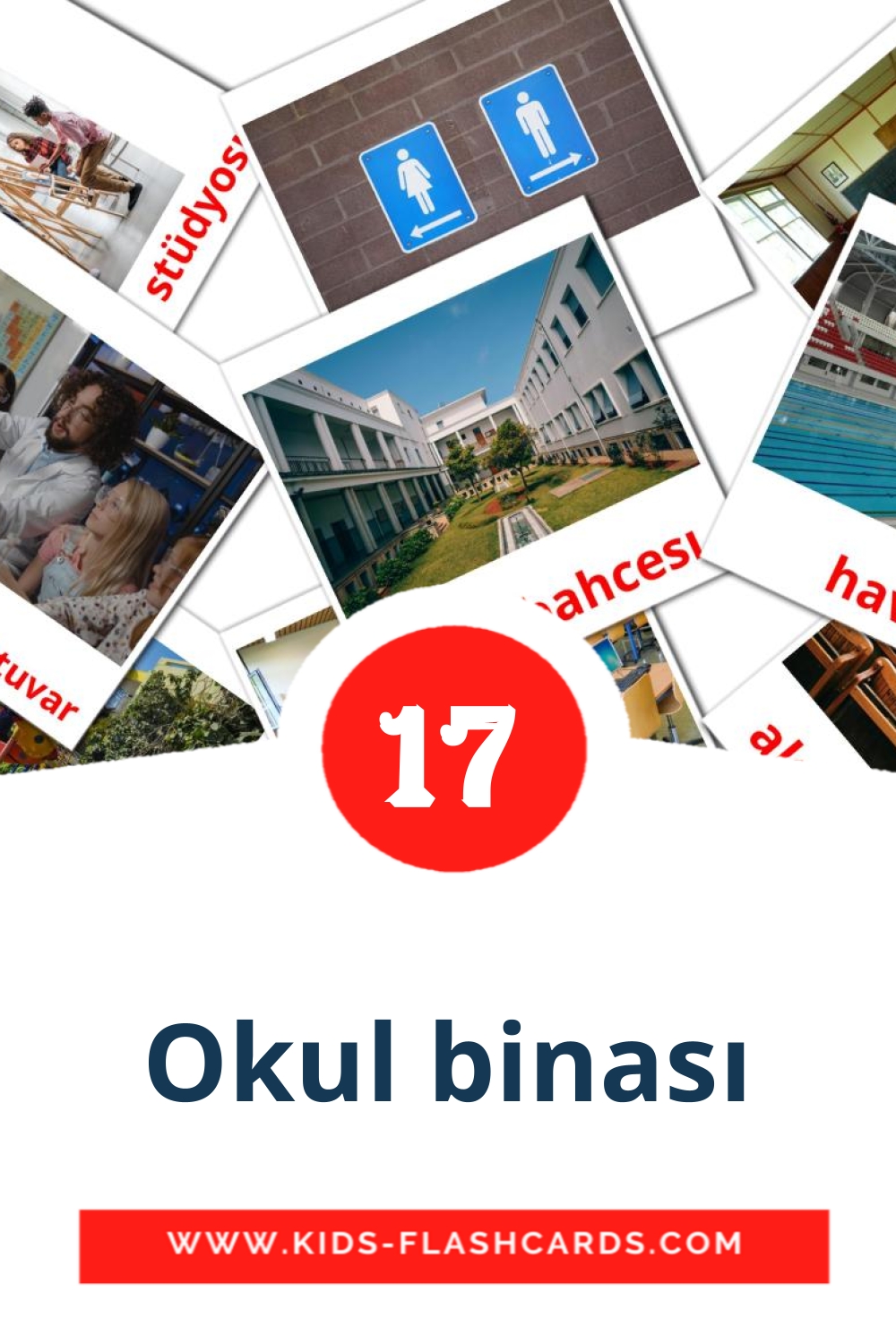 17 Cartões com Imagens de Okul binası para Jardim de Infância em turco