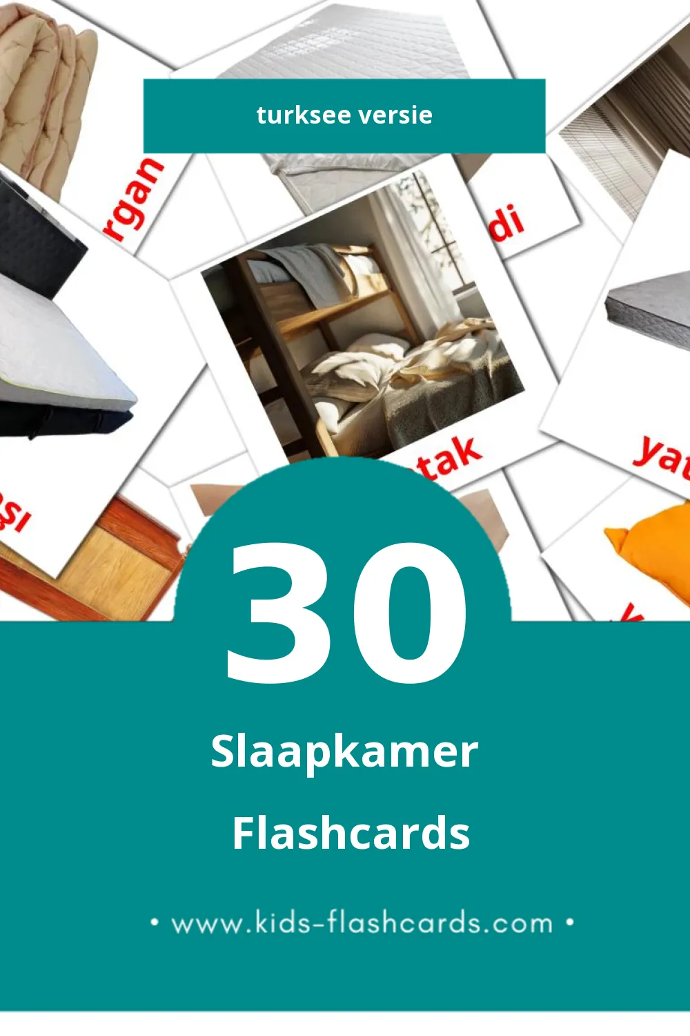 Visuele yatak odası Flashcards voor Kleuters (30 kaarten in het Turkse)