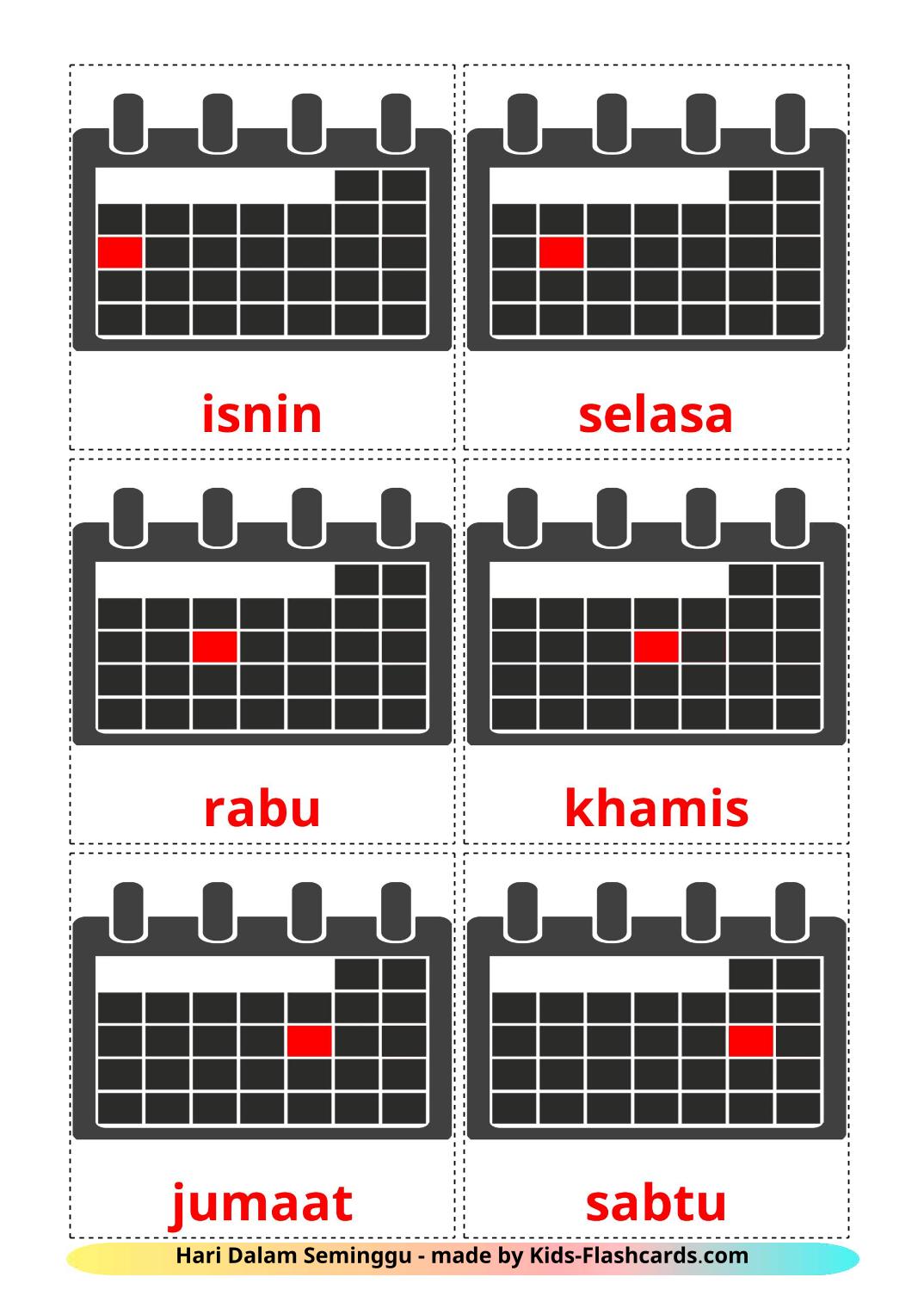 Dias da Semana - 12 Flashcards malaioes gratuitos para impressão