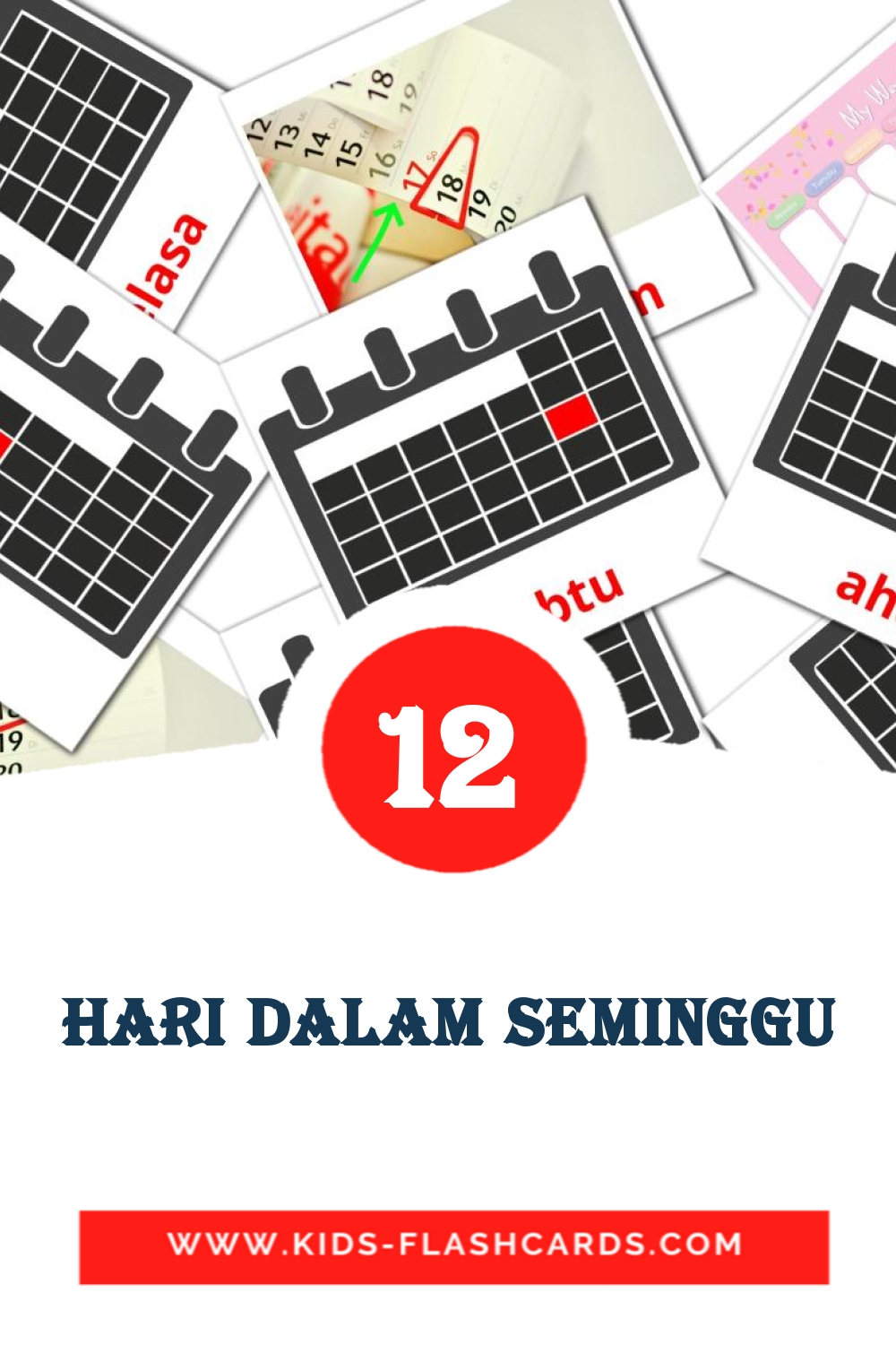 12 cartes illustrées de Hari Dalam Seminggu pour la maternelle en malais