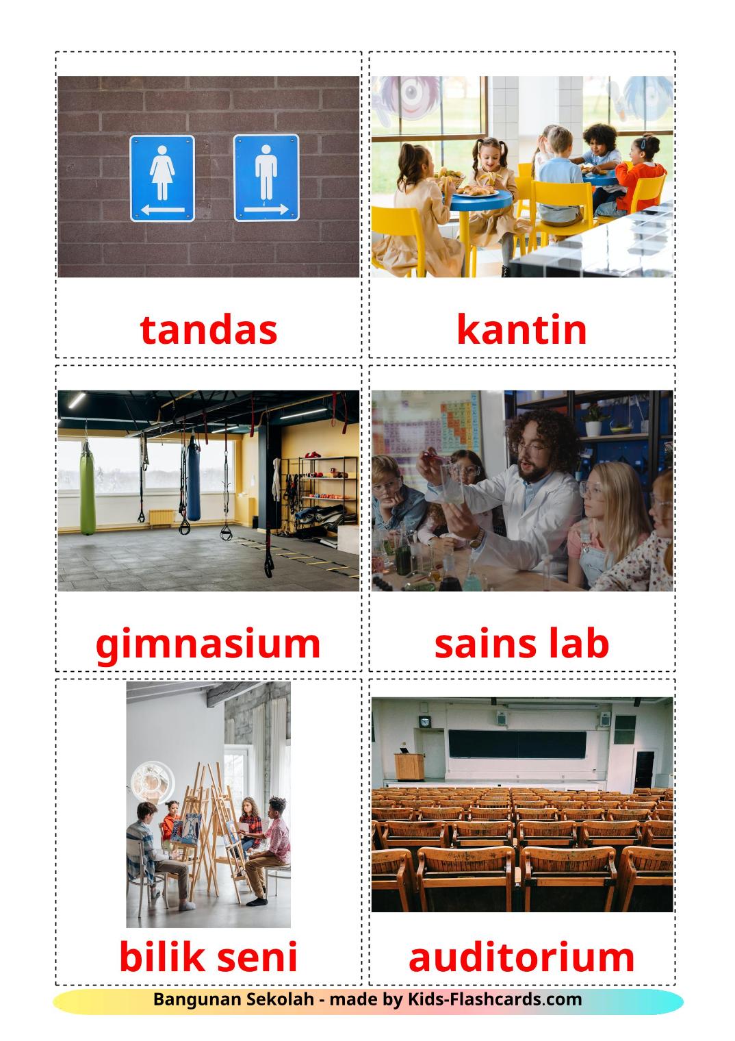 Schulgebäude - 17 kostenlose, druckbare Malaiisch Flashcards 