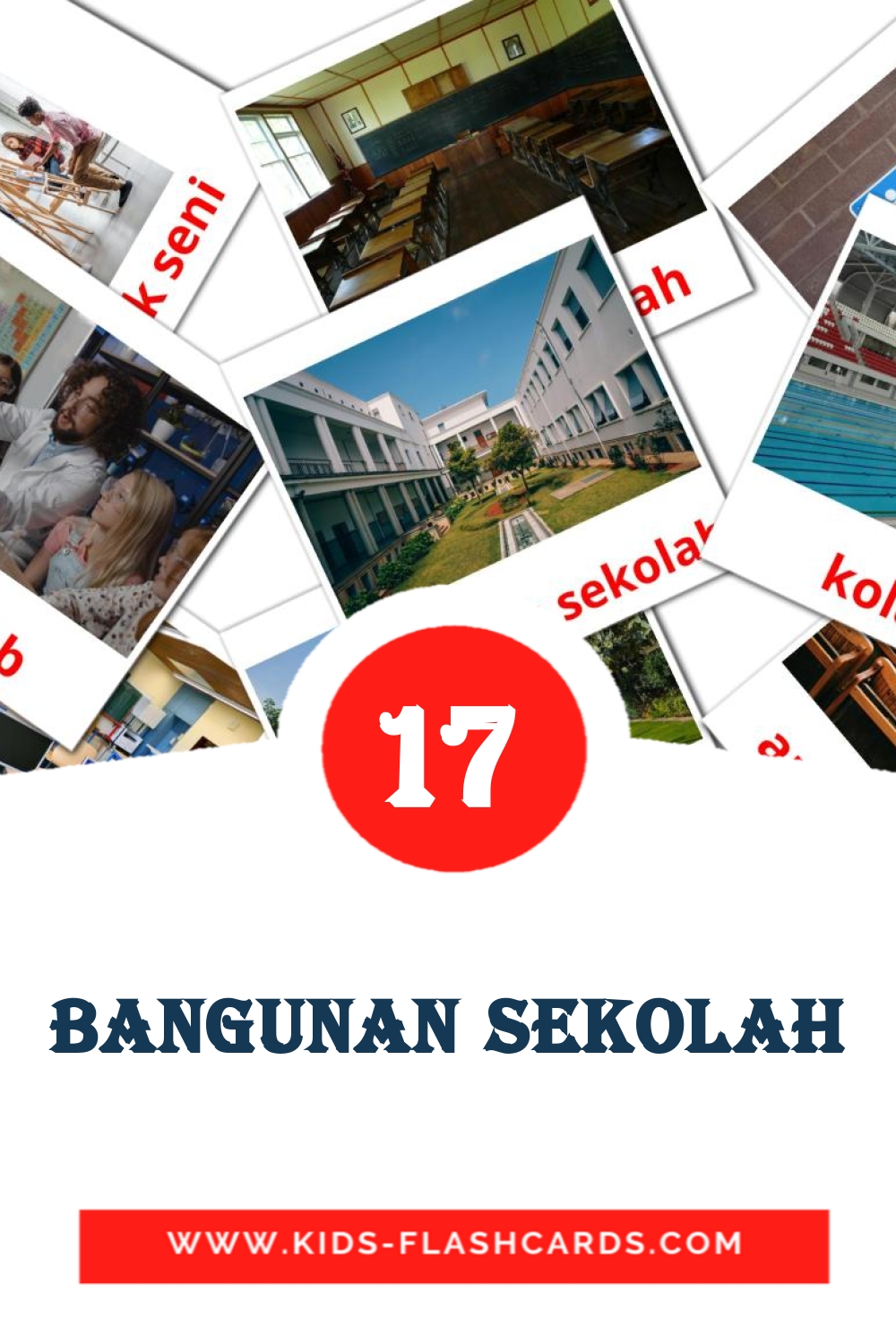 17 cartes illustrées de Bangunan Sekolah pour la maternelle en malais