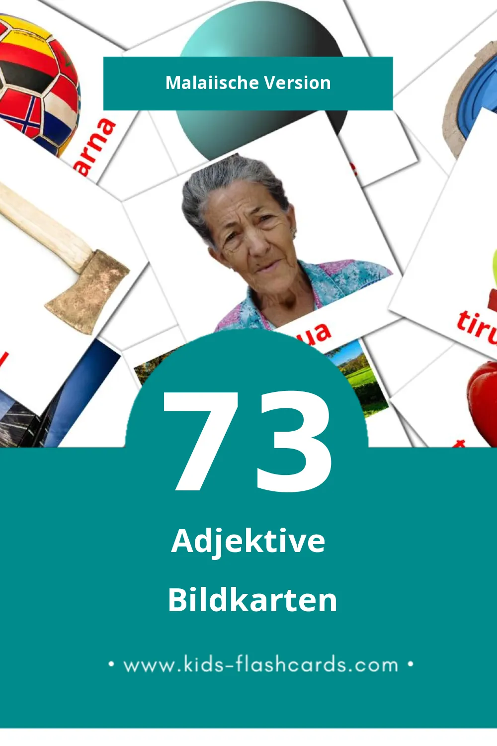 Visual ADJEKTIF Flashcards für Kleinkinder (73 Karten in Malaiisch)