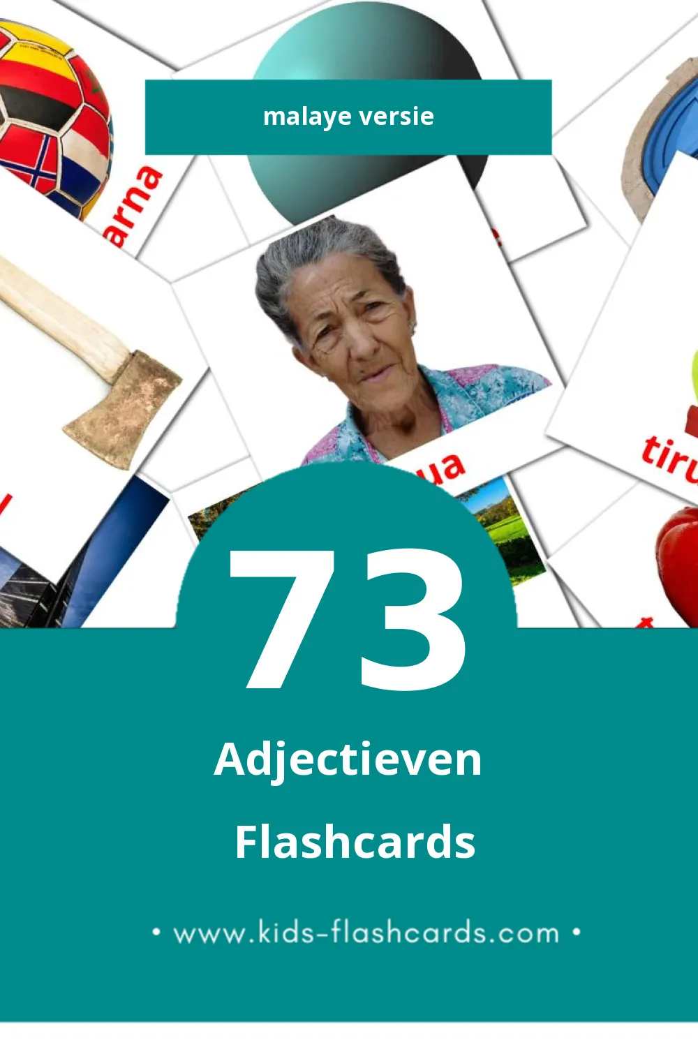 Visuele ADJEKTIF Flashcards voor Kleuters (73 kaarten in het Malay)