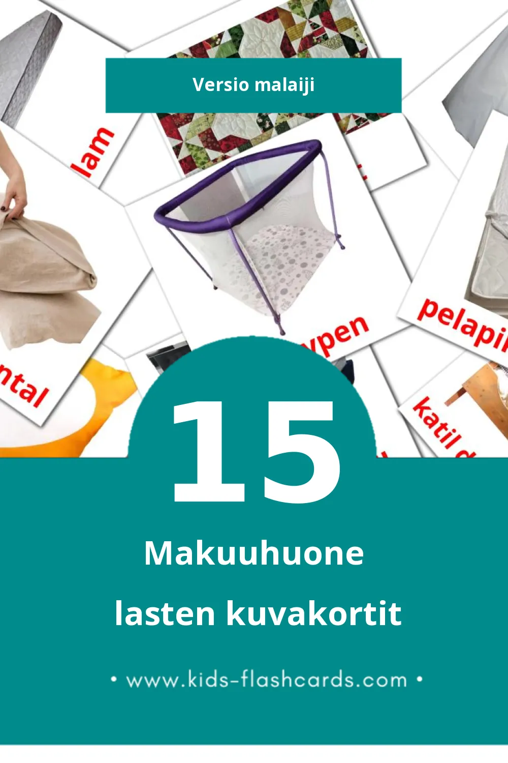 Bilik Tidur lasten kuvakortit pikkulapsille (15 korttia Malaijiksi)