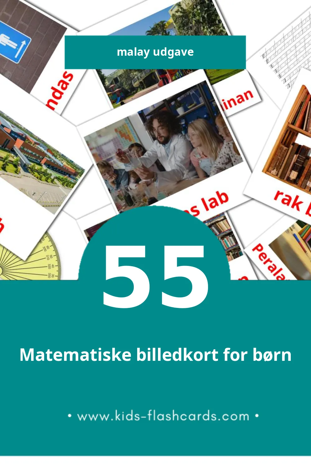 Visuelle billedkort for børn om Sekolah til småbørn (55 kort på Malay)