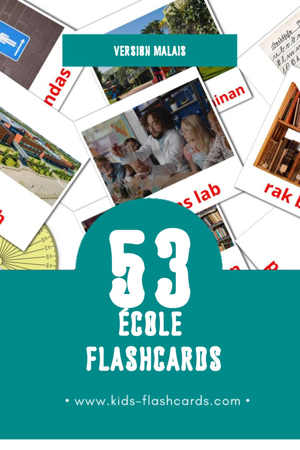 Flashcards Visual Sekolah pour les tout-petits (53 cartes en Malais)