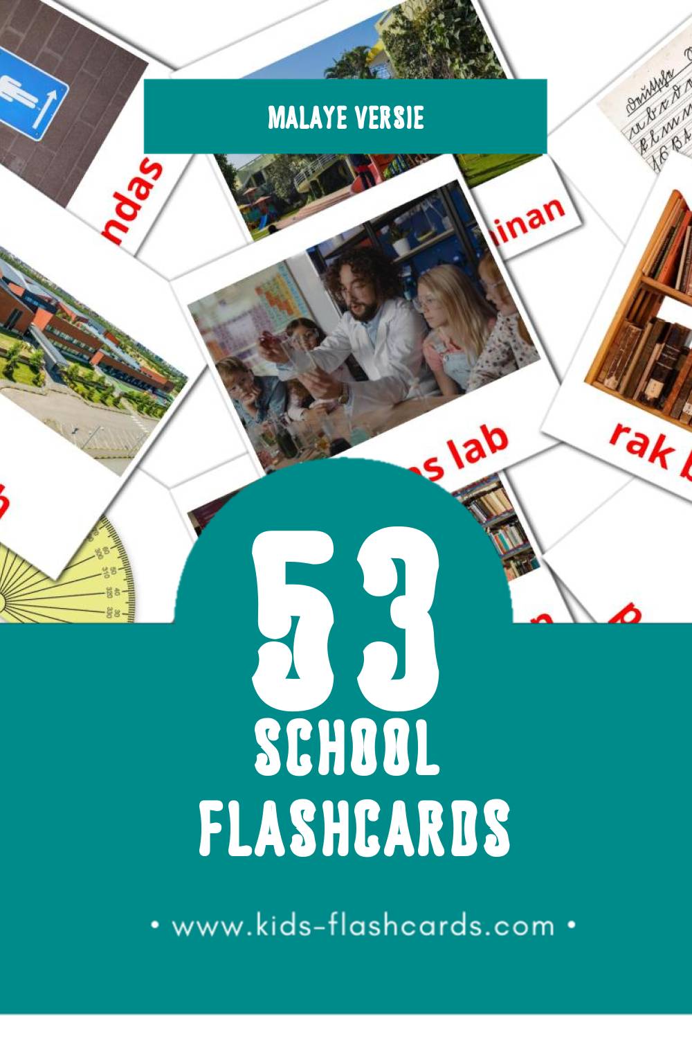 Visuele Sekolah Flashcards voor Kleuters (53 kaarten in het Malay)