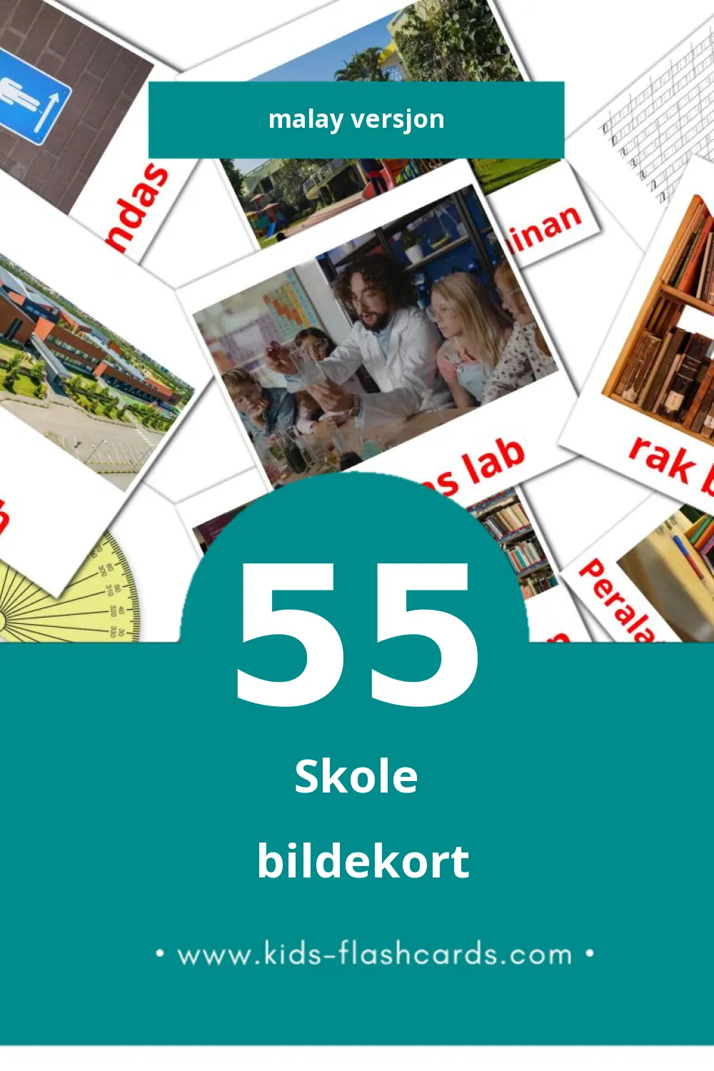 Visuelle Sekolah bildekort for småbarn (55 kort på Malay)