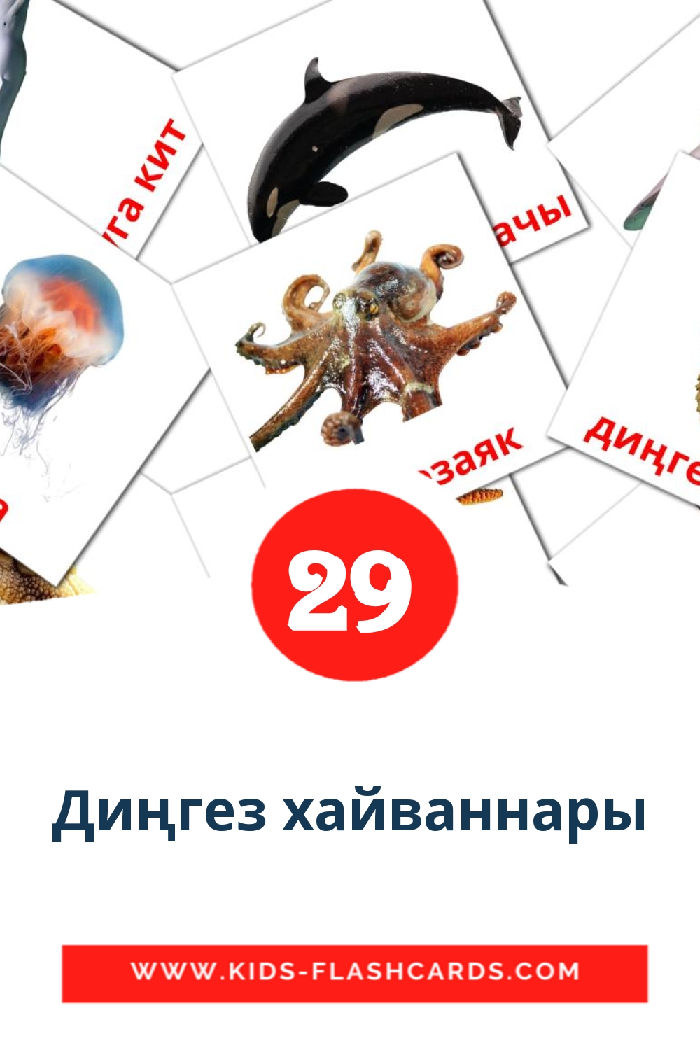 29 cartes illustrées de Диңгез хайваннары pour la maternelle en tatar