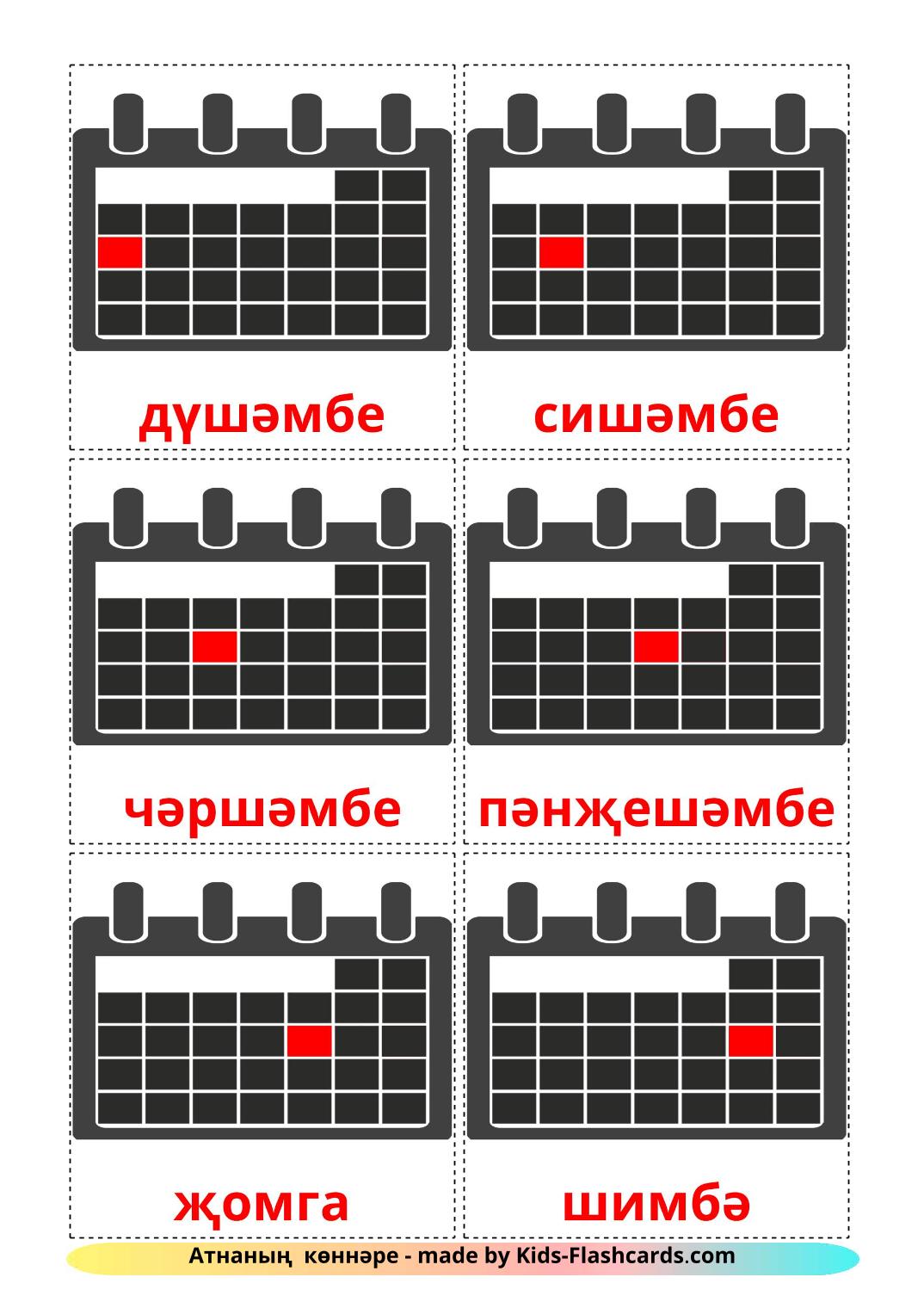 Les Jours de la Semaine - 12 Flashcards tatar imprimables gratuitement