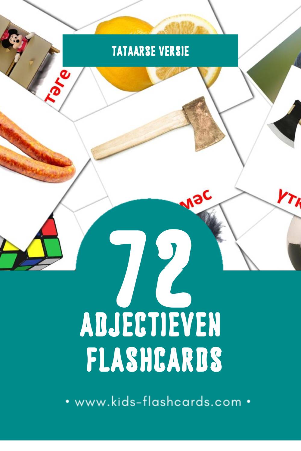 Visuele Сыйфат Flashcards voor Kleuters (72 kaarten in het Tataars)