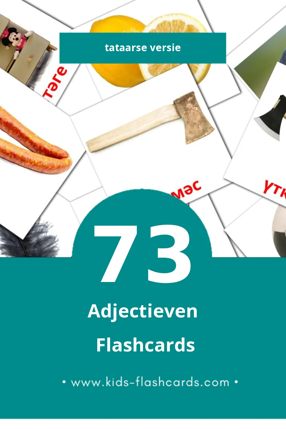 Visuele Сыйфат Flashcards voor Kleuters (73 kaarten in het Tataars)