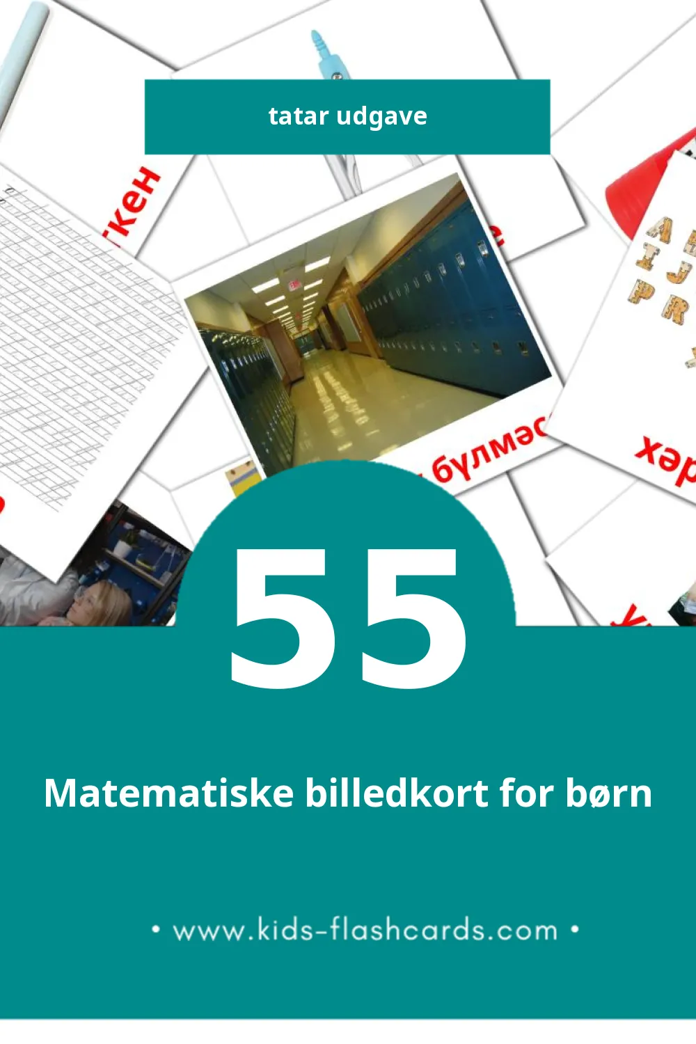 Visuelle billedkort for børn om Мәктәп til småbørn (55 kort på Tatar)