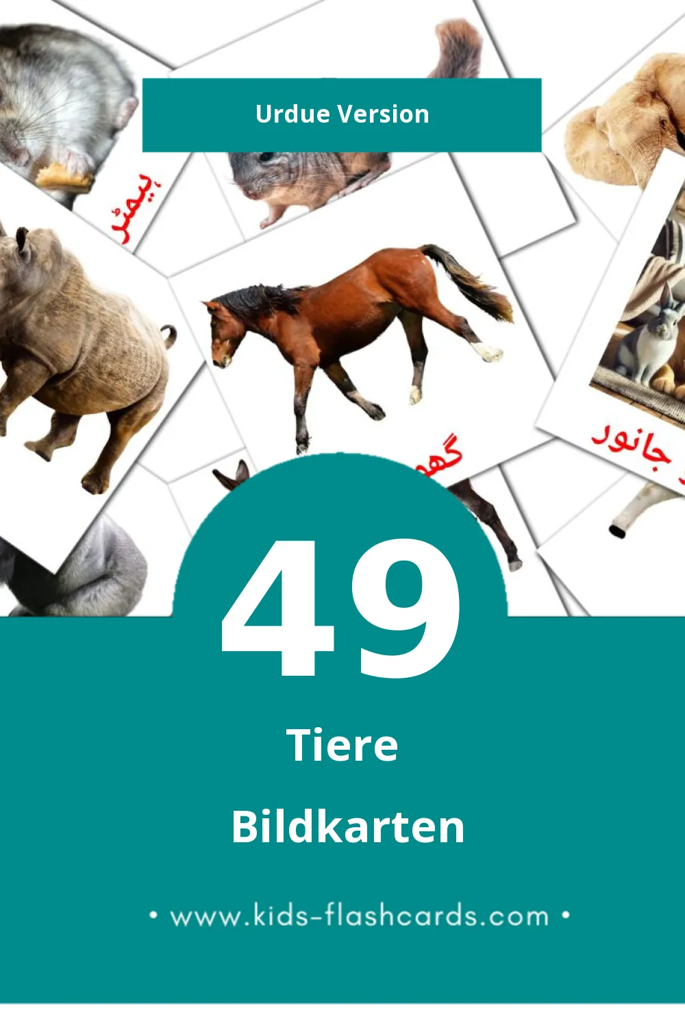 Visual جانور Flashcards für Kleinkinder (49 Karten in Urdu)