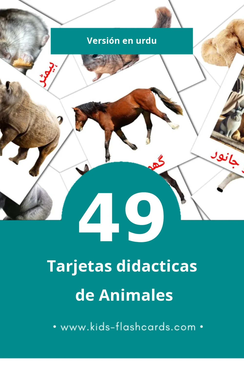 Tarjetas visuales de جانور para niños pequeños (49 tarjetas en Urdu)