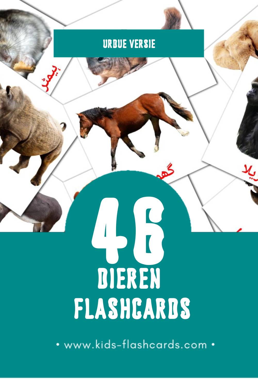 Visuele جانور Flashcards voor Kleuters (46 kaarten in het Urdu)