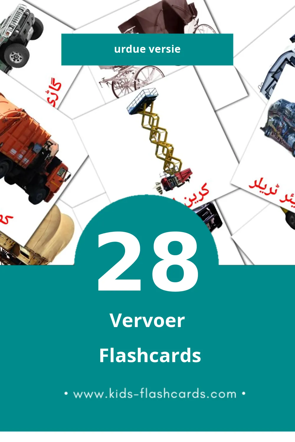 Visuele ذرائع آمد و رفت Flashcards voor Kleuters (28 kaarten in het Urdu)