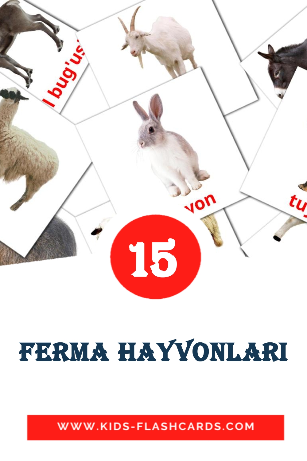 15 cartes illustrées de Ferma hayvonlari pour la maternelle en ouzbek