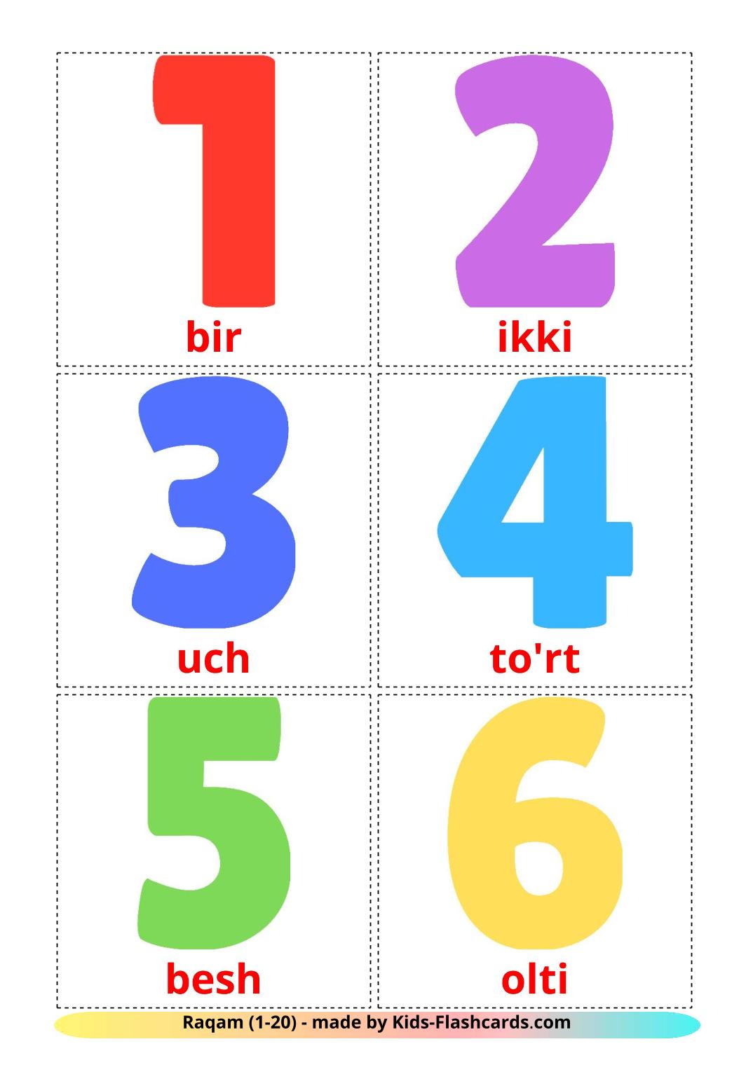 Numbers (1-20) - 20 Free Printable uzbek Flashcards 