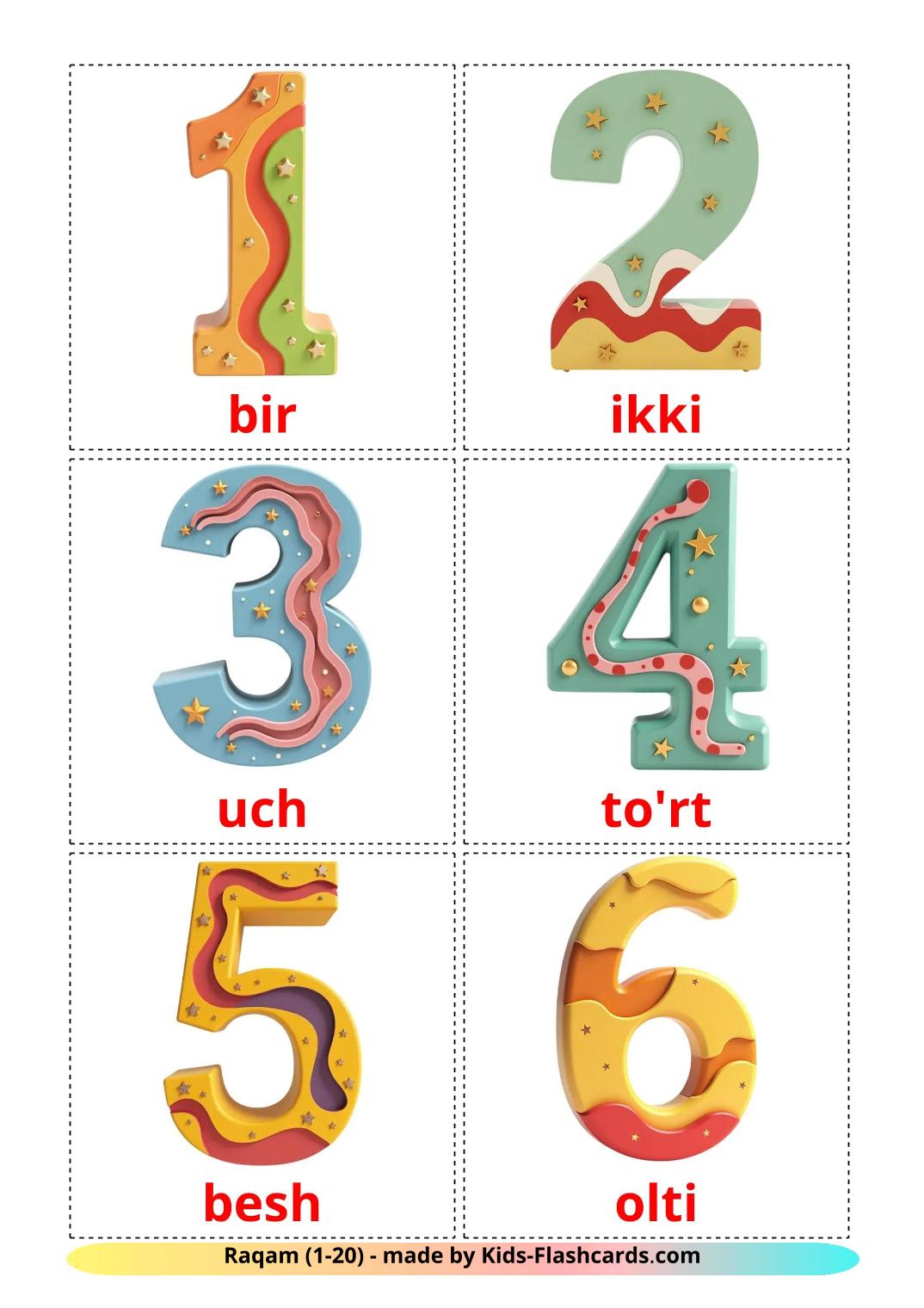 Numbers (1-20) - 20 Free Printable uzbek Flashcards 