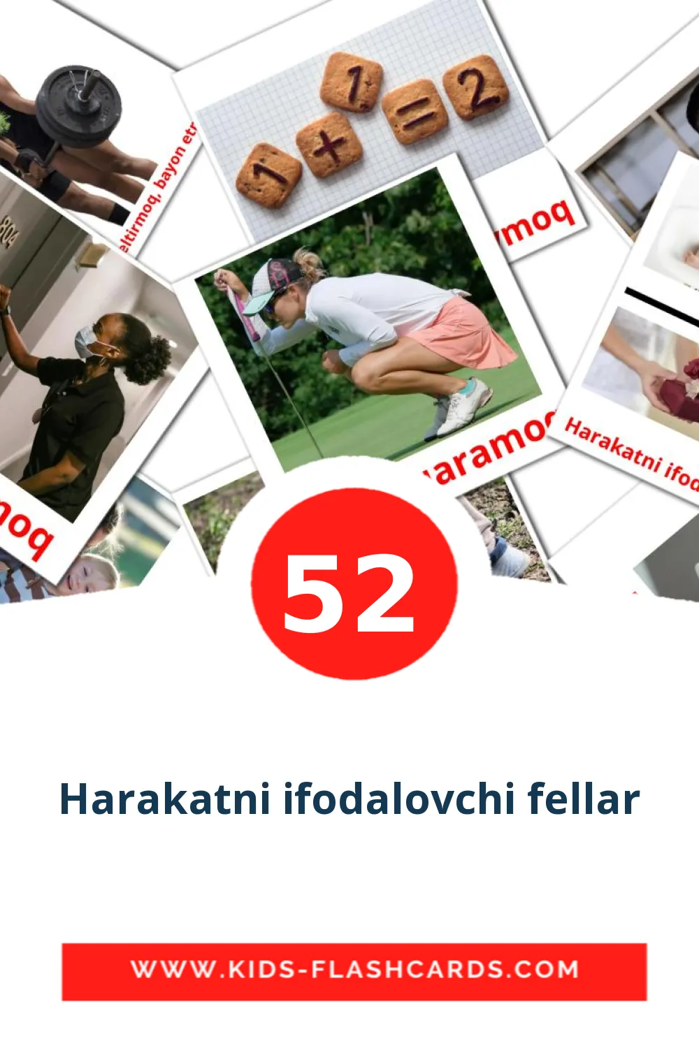 52 tarjetas didacticas de Harakatni ifodalovchi fellar para el jardín de infancia en uzbeko