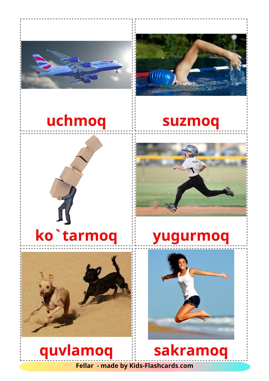 Movement verbs - 19 Free Printable uzbek Flashcards 