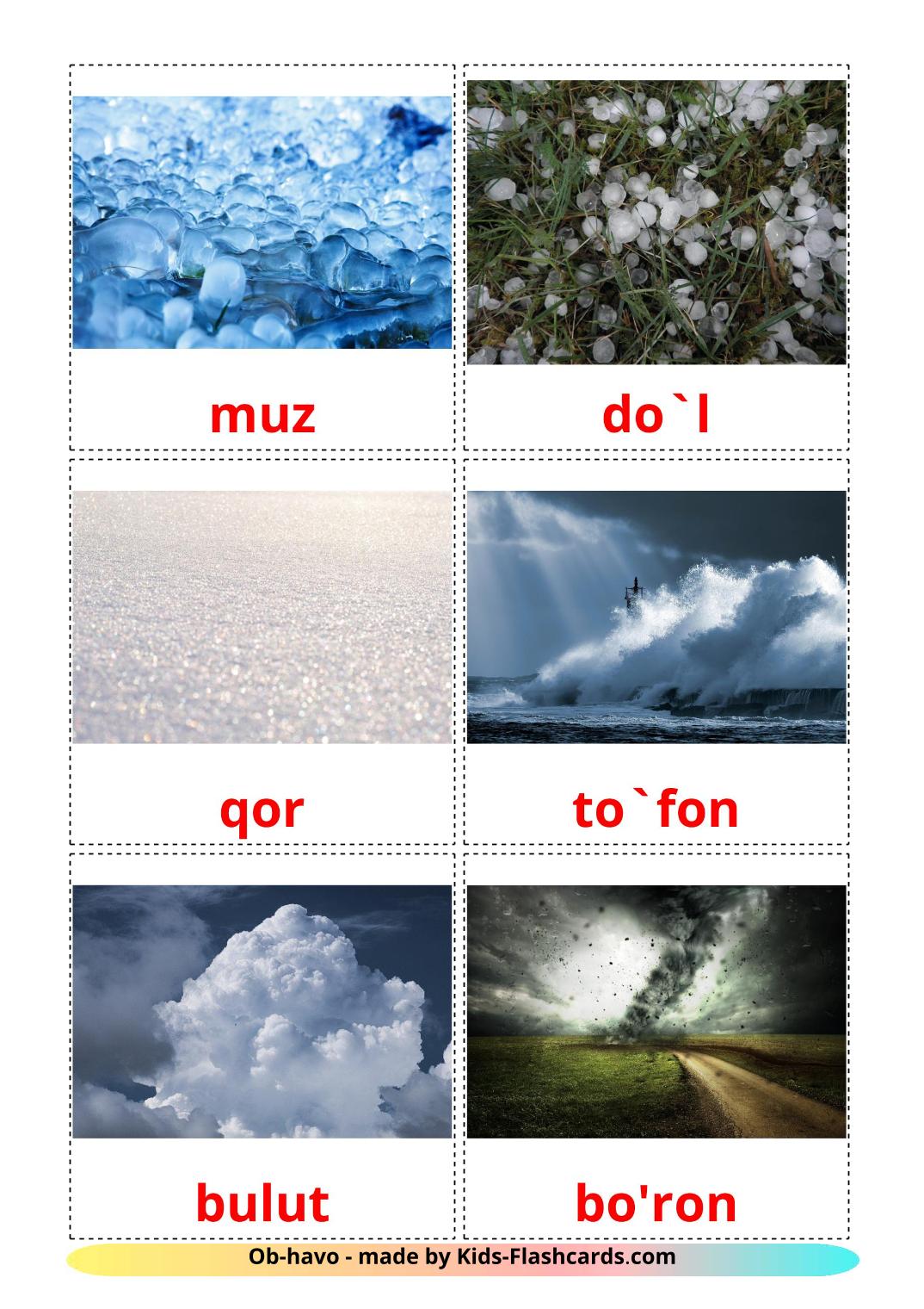 Weather - 31 Free Printable uzbek Flashcards 