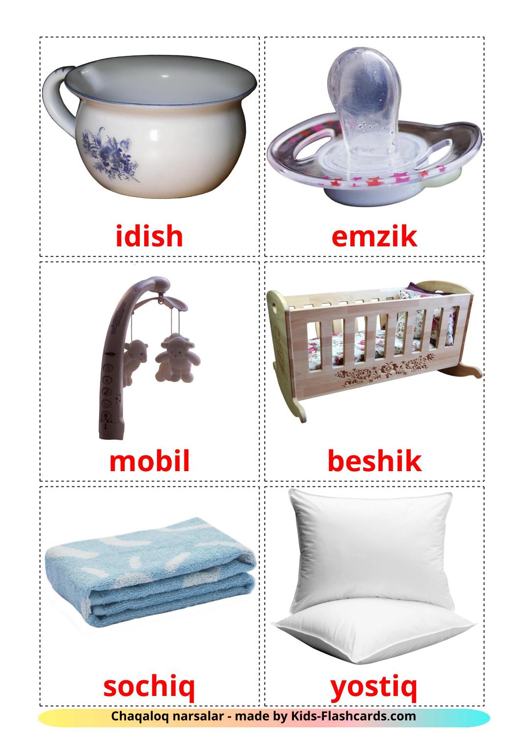 Baby things - 19 Free Printable uzbek Flashcards 