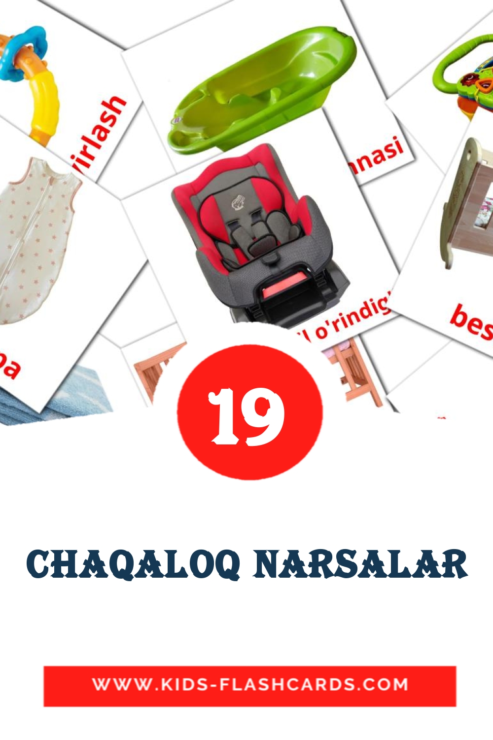19 tarjetas didacticas de Chaqaloq narsalar para el jardín de infancia en uzbeko